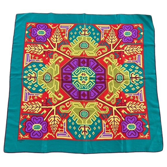 LANVIN Paris Silk Square Scarf 27” Colorful Aztec Geometric‎ Fashion Scars - Picture 1 of 8